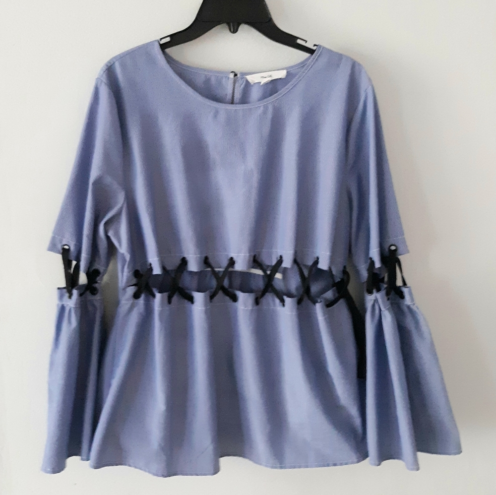 Blue Lace-Up Bell Sleeve Top